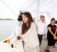 Leyla Aliyeva attends the ceremony of releasing young sturgeons bred in the Khylly Sturgeon Factory in Neftchala into the Caspian Sea 